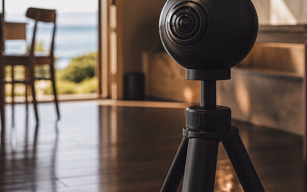 360 카메라와 삼각대가 매장 한쪽에 놓인 디테일 한 컷