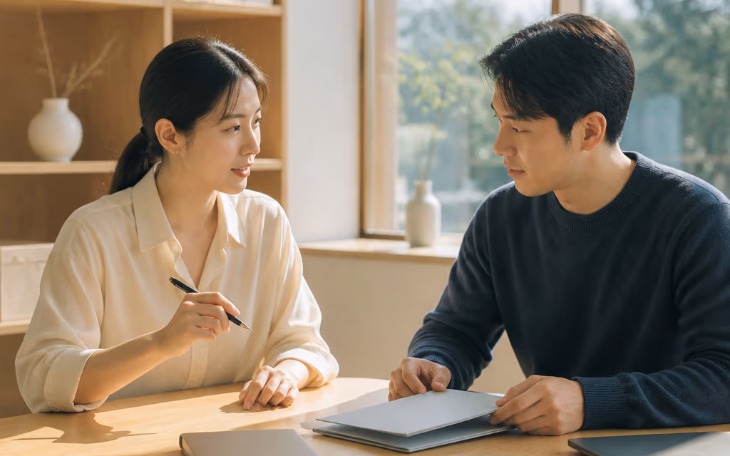 계정 대장을 함께 정리하는 두 사람의 밝은 테이블
