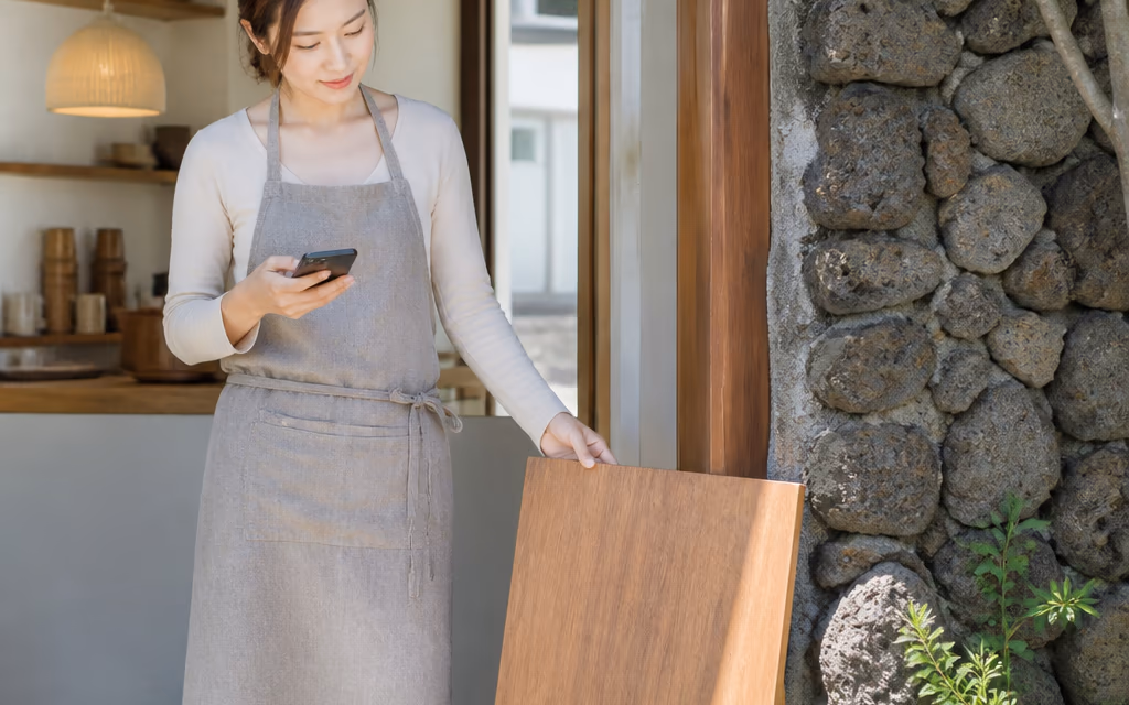 매장 앞에서 지도 앱 등록 정보를 확인하는 사장님
