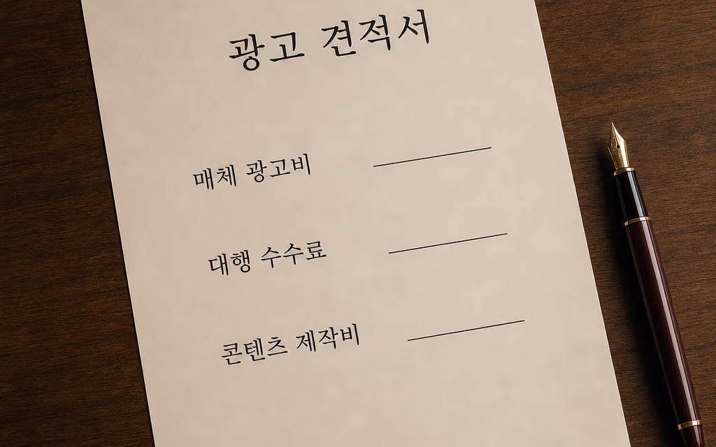 견적 항목이 구분되어 적힌 문서와 펜
