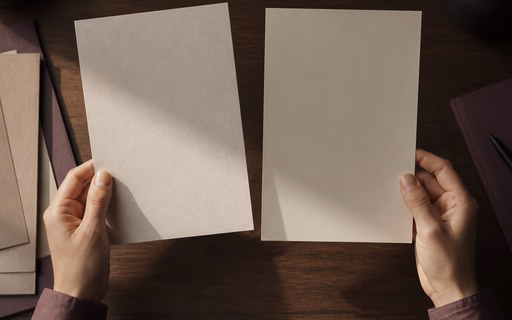 두 장의 견적서를 저울질하듯 비교하는 손