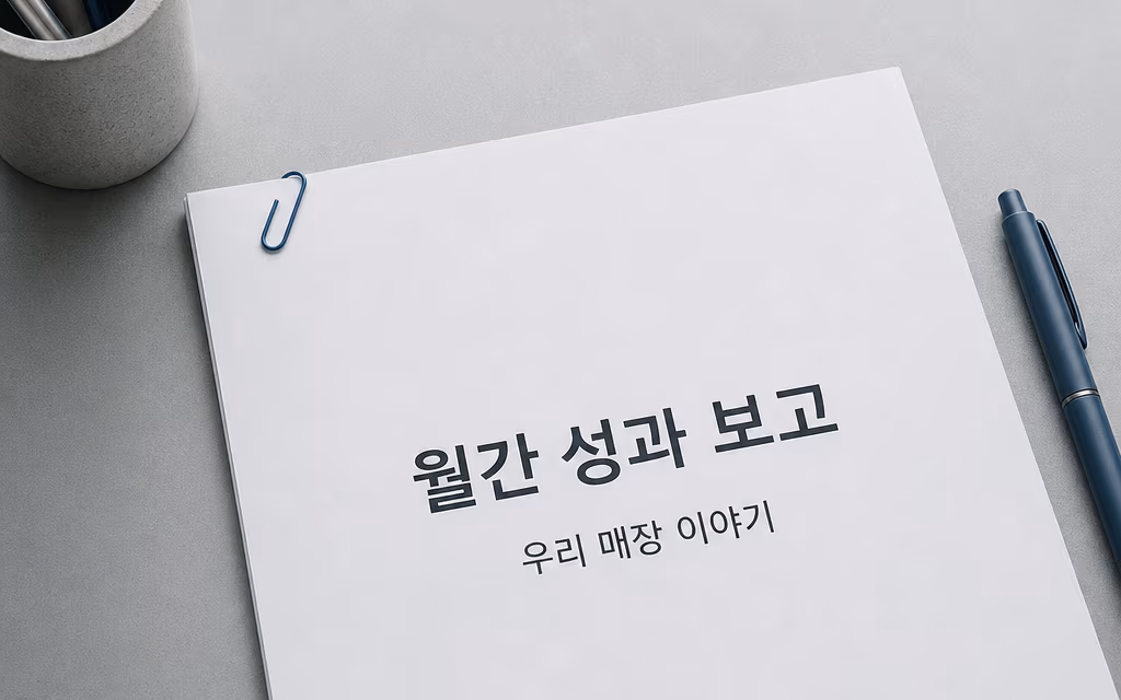 월간 성과 보고 표지가 놓인 책상