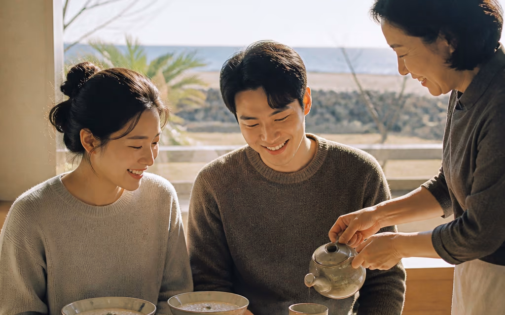 조식으로 차려진 한 상에 외국인 손님이 만족한 표정으로 식사
