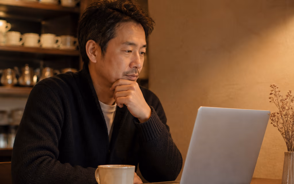 노트북 앞에서 검색 화면을 살펴보는 매장 사장님