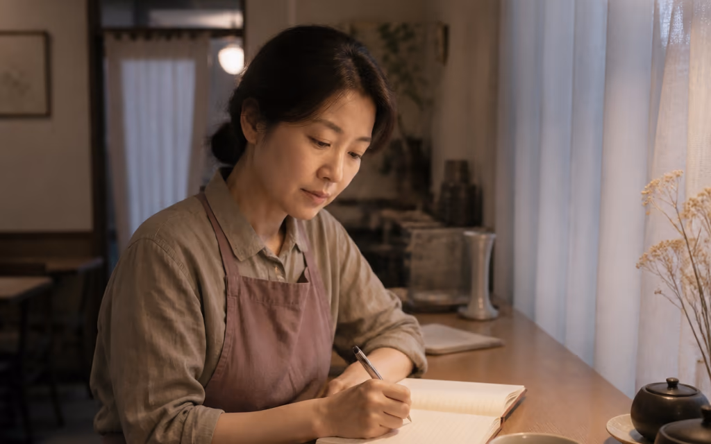차분히 답글 초안을 쓰는 저녁의 카운터