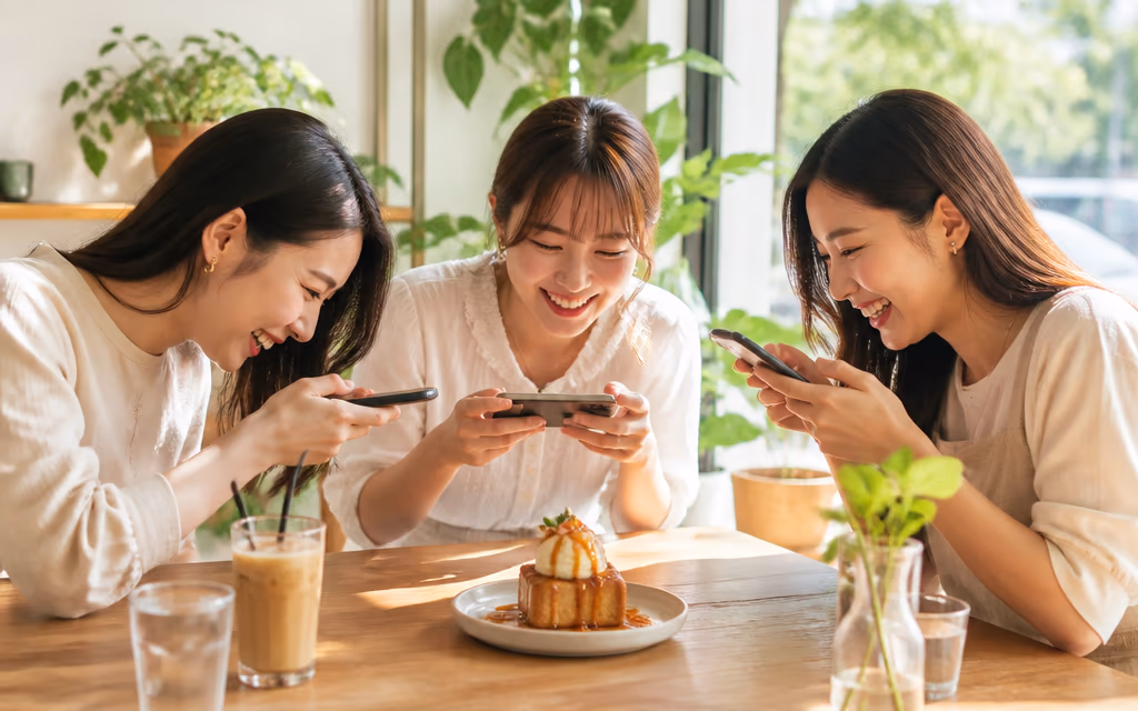 같은 음식을 저마다 다른 각도로 찍는 손님들