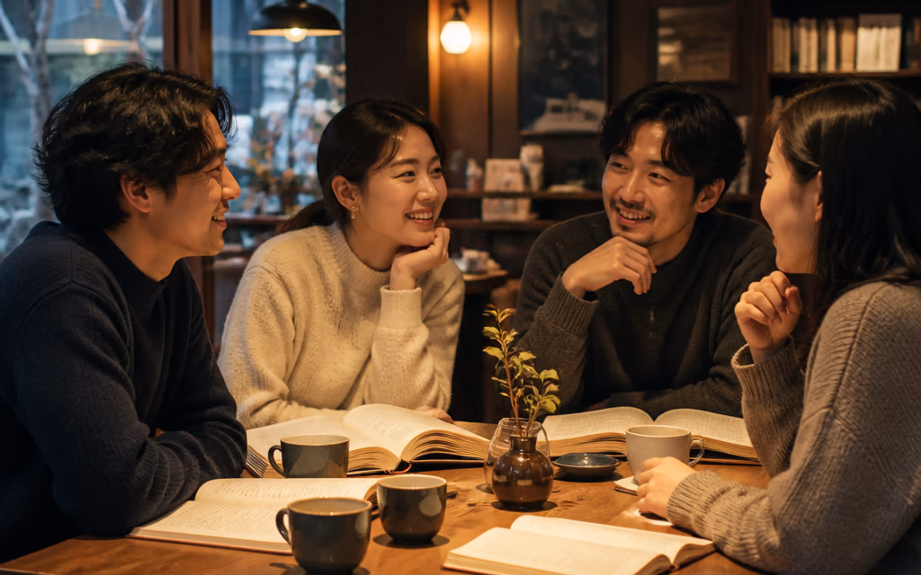 북클럽 모임이 진행 중인 카페 한 컷