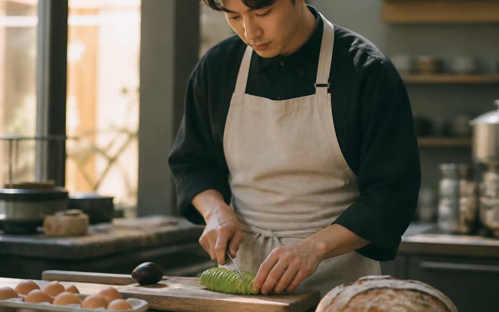 평일 오전 도민 단골이 브런치 카페에서 노트북을 펴고 있는 한산한 시간