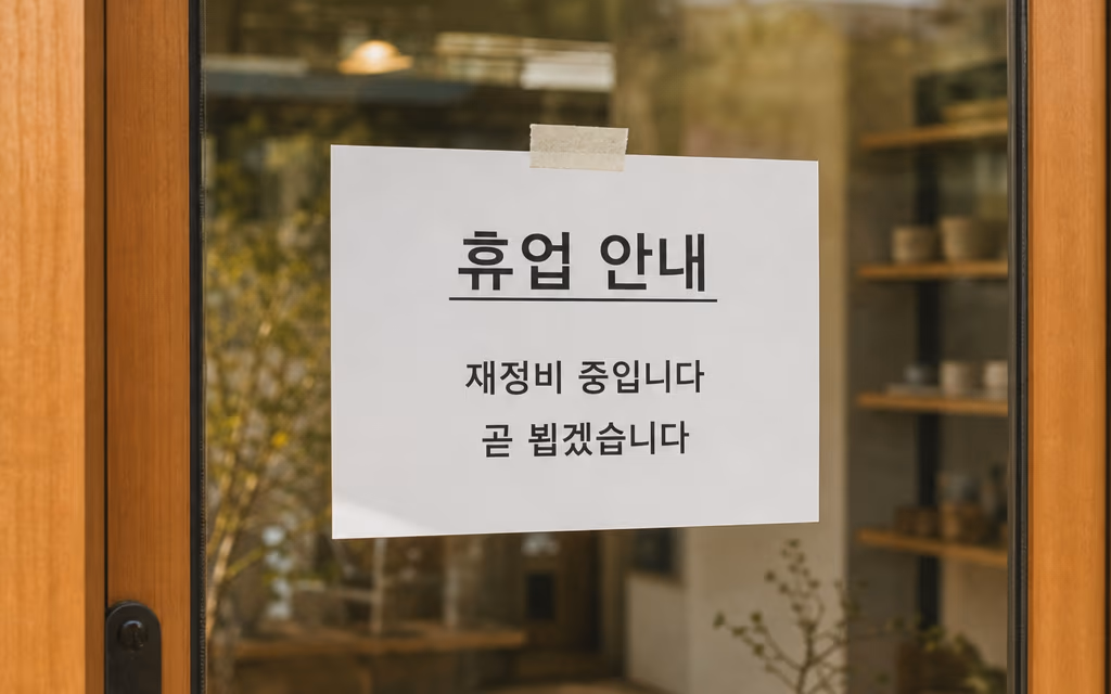 매장 문에 붙은 정갈한 휴업 안내문