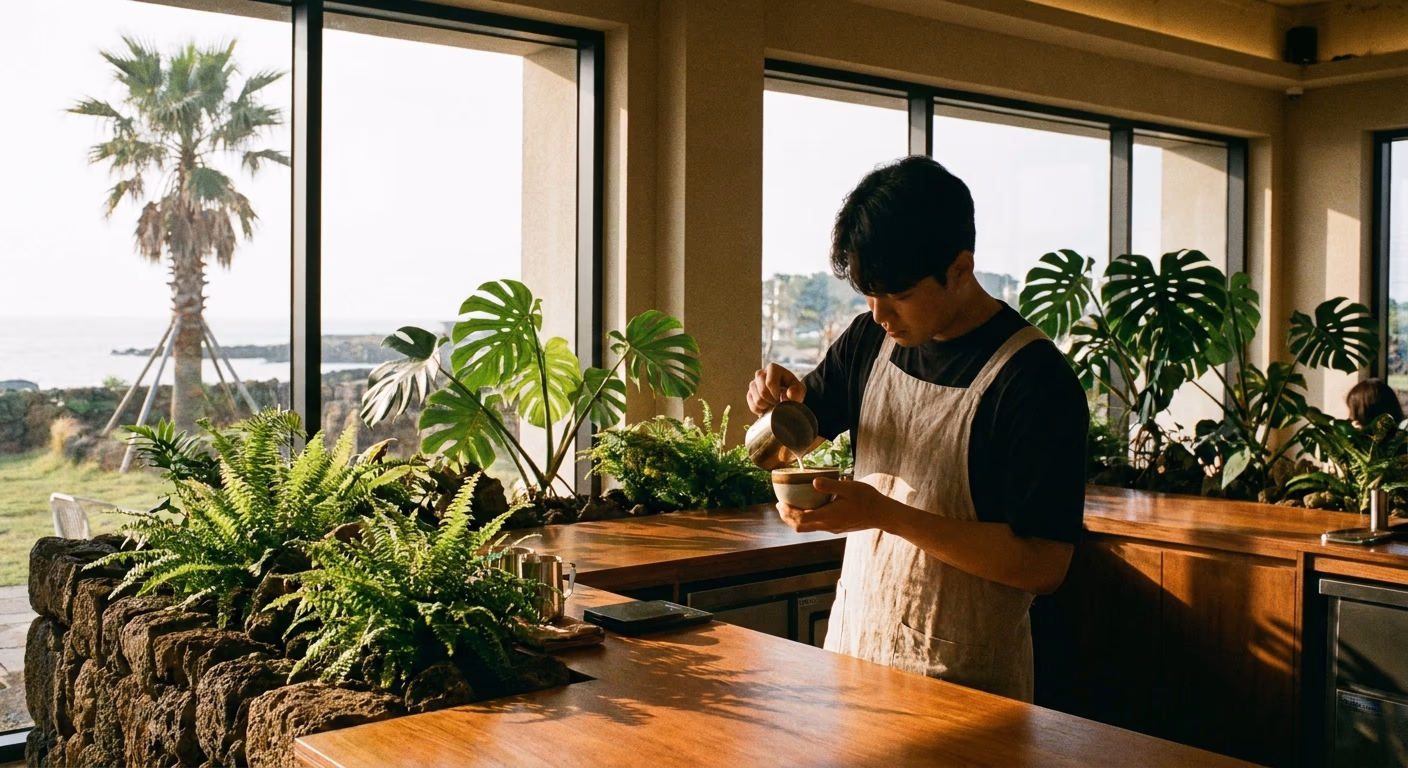 바리스타가 라떼 아트를 내리는 신규 카페