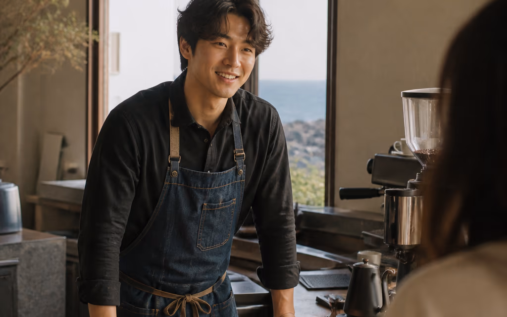 카운터 뒤에서 진심으로 미소 짓는 카페 사장님