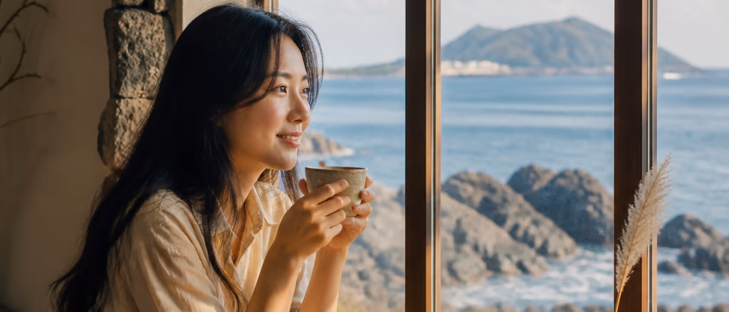 제주 운영 중 카페의 따뜻한 한 컷, 손님이 창가에 앉아 커피를 마시는 평일 오후