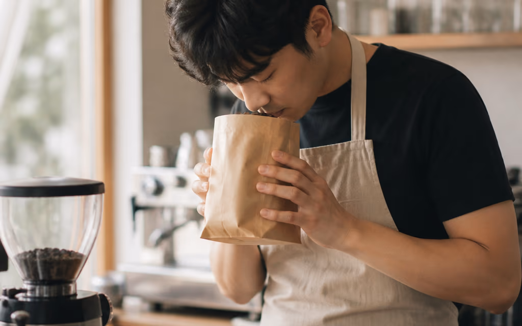 카페 사장님이 원두 봉투를 살피며 메뉴 교체 준비 중인 모습