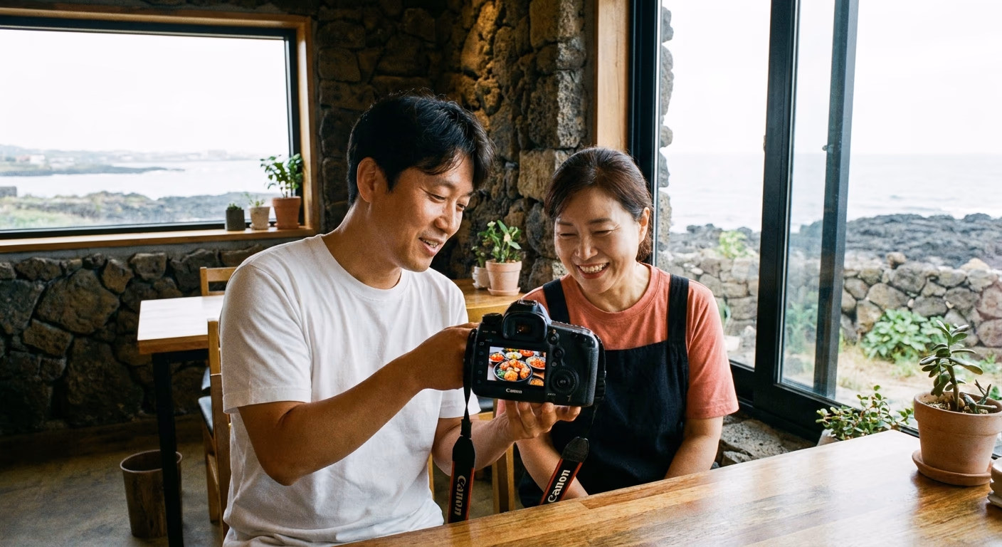 사진가가 카메라 LCD로 사장님에게 사진을 보여주는 장면