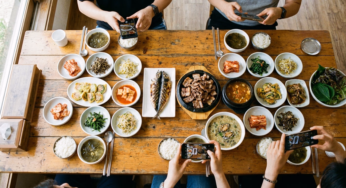 여러 손이 스마트폰으로 한식을 촬영하는 테이블 위