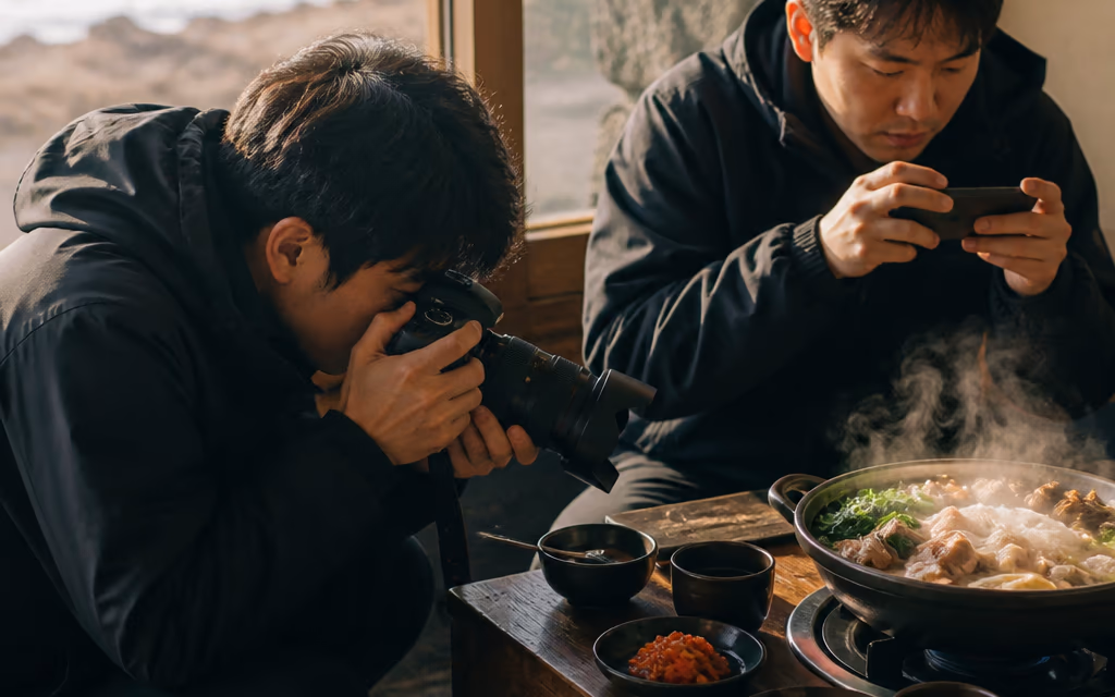 광고 사진가가 체험단 옆에서 시즐 컷을 동시 촬영