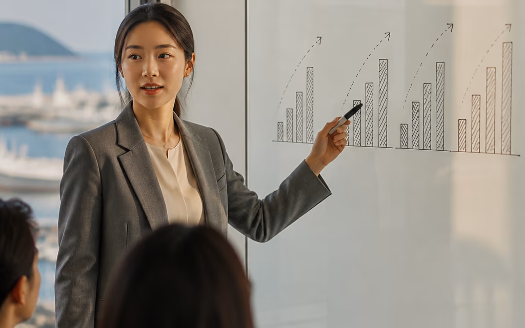 화이트보드 앞에서 KPI 그래프 도형을 가리키는 컨설턴트