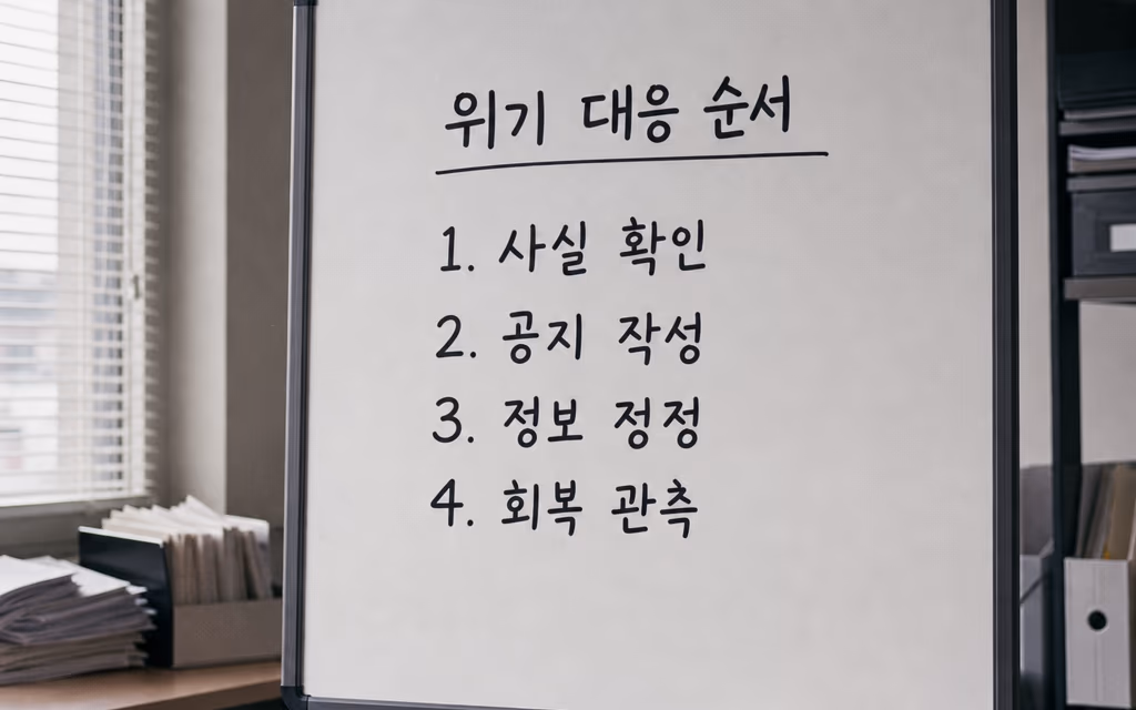 위기 대응 순서 네 단계를 적어 둔 화이트보드