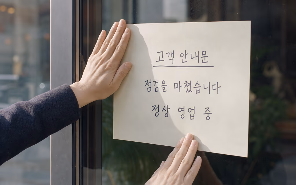 고객 안내문을 매장 입구에 붙이는 손