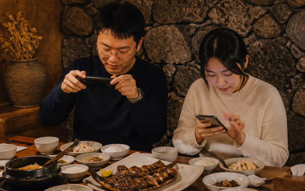 제주 식당 테이블에서 중국인 손님 두 사람이 음식 사진을 찍고 한 사람은 빈 화면의 스마트폰으로 무언가를 적는 장면