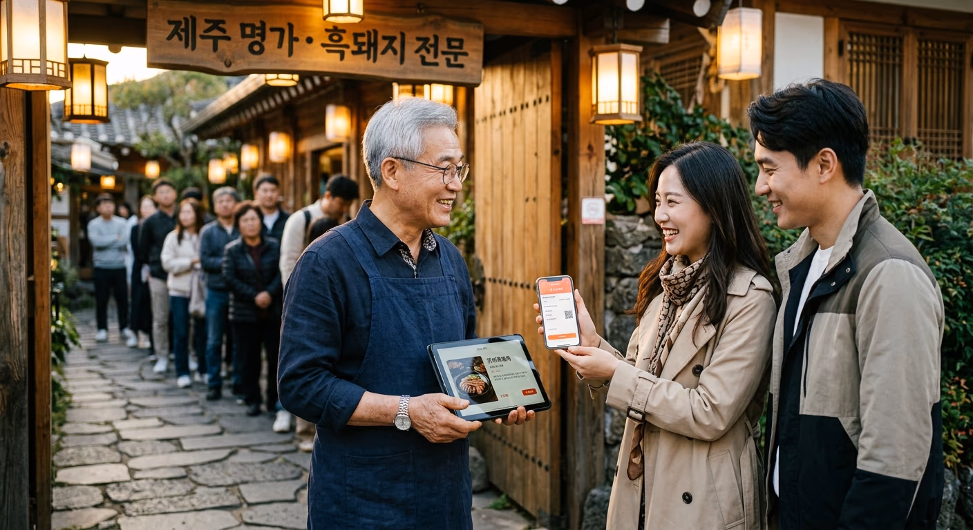 사장이 입구에서 본토 가족을 직접 안내하는 자리.