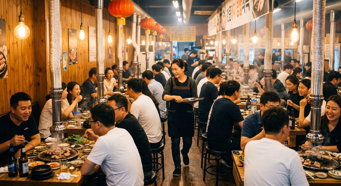 30개 테이블 중 24개를 본토 그룹이 채운 평일 저녁.