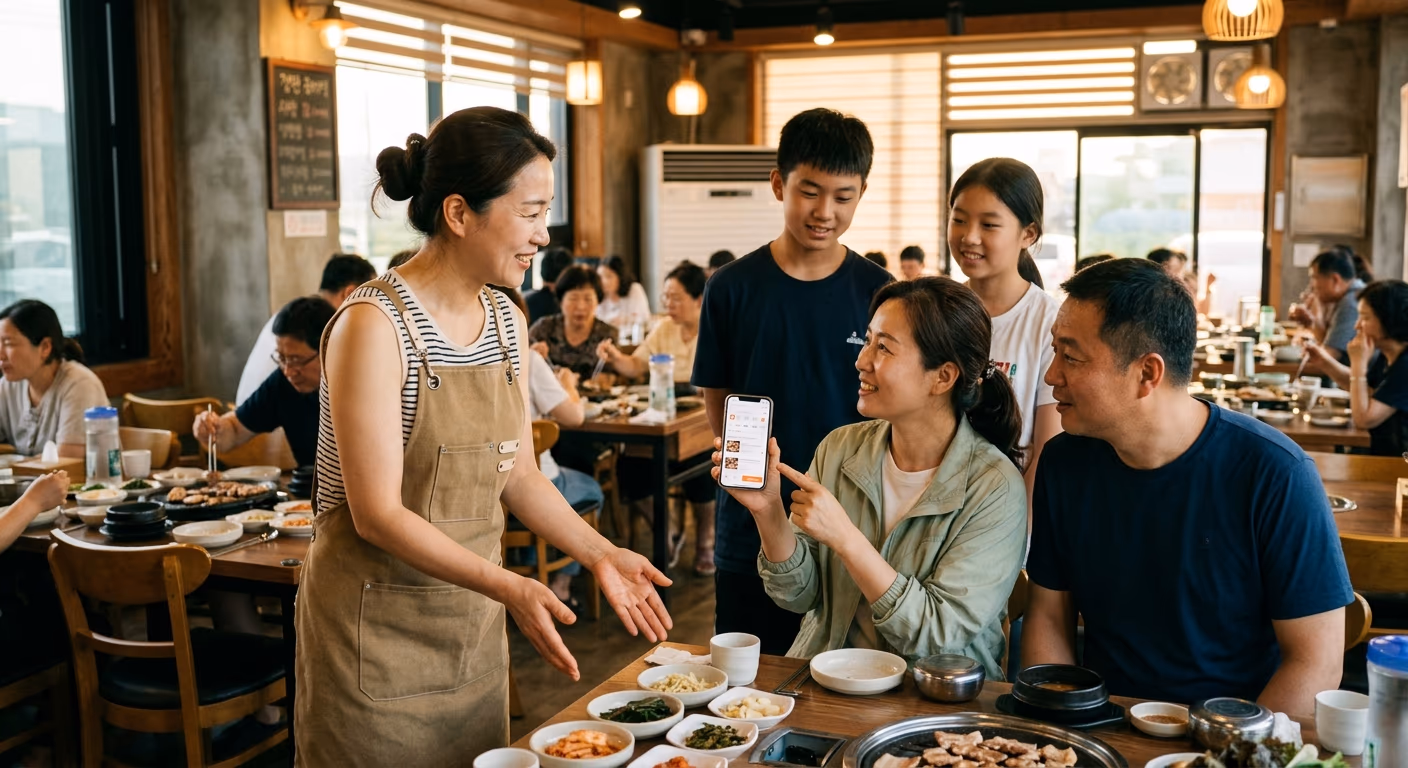 사장이 직접 자리를 안내한다. 고객은 이미 검증을 마치고 들어왔다.