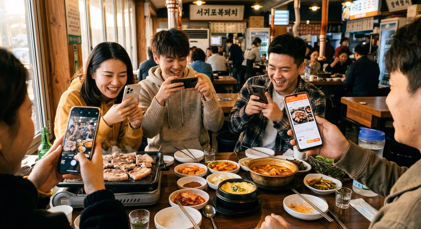 네 명이 동시에 폰을 든다. 이 가운데 한 컷이 다음 방문객을 결정짓는 후기가 된다.