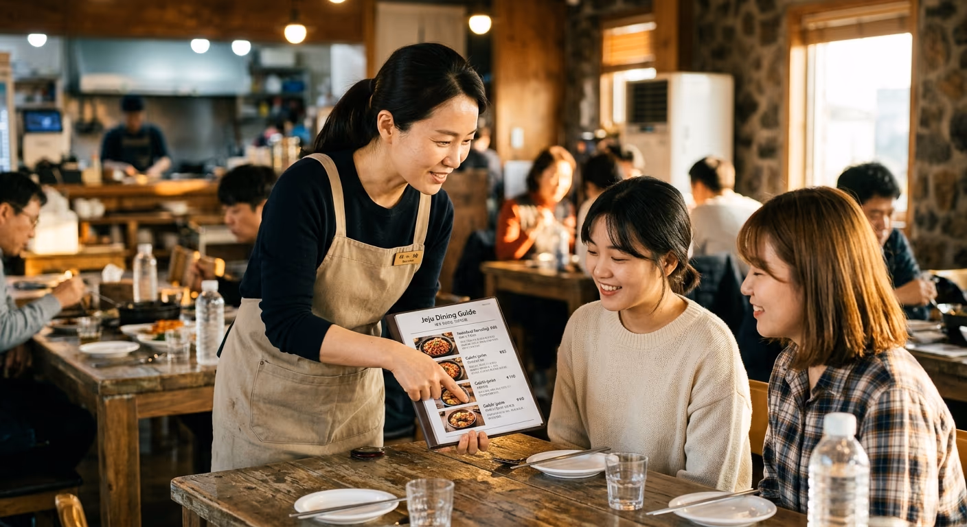 직원이 손가락으로 메뉴를 짚으며 설명. 번역 품질보다 ‘설명한 시간’이 신뢰를 만들었다.