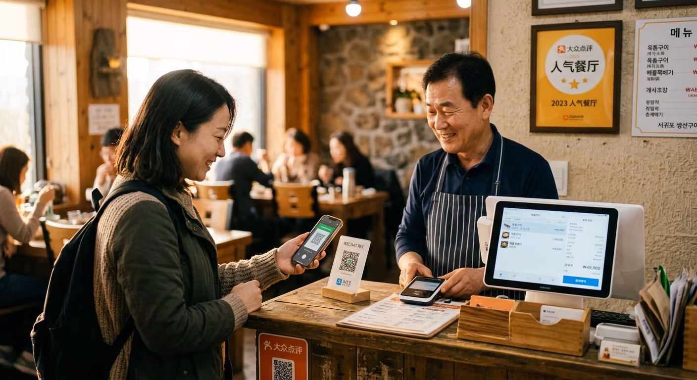 알리페이·위챗페이 QR 한 번. 결제 마찰이 사라지면 별점이 따라 올라간다.