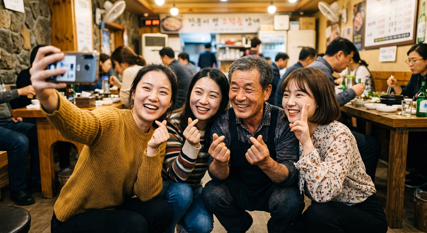 사장과 식객이 함께 잡힌 단체 셀카. 페이지 ‘분위기 컷’ 슬롯에서 가장 빠르게 효과가 났다.