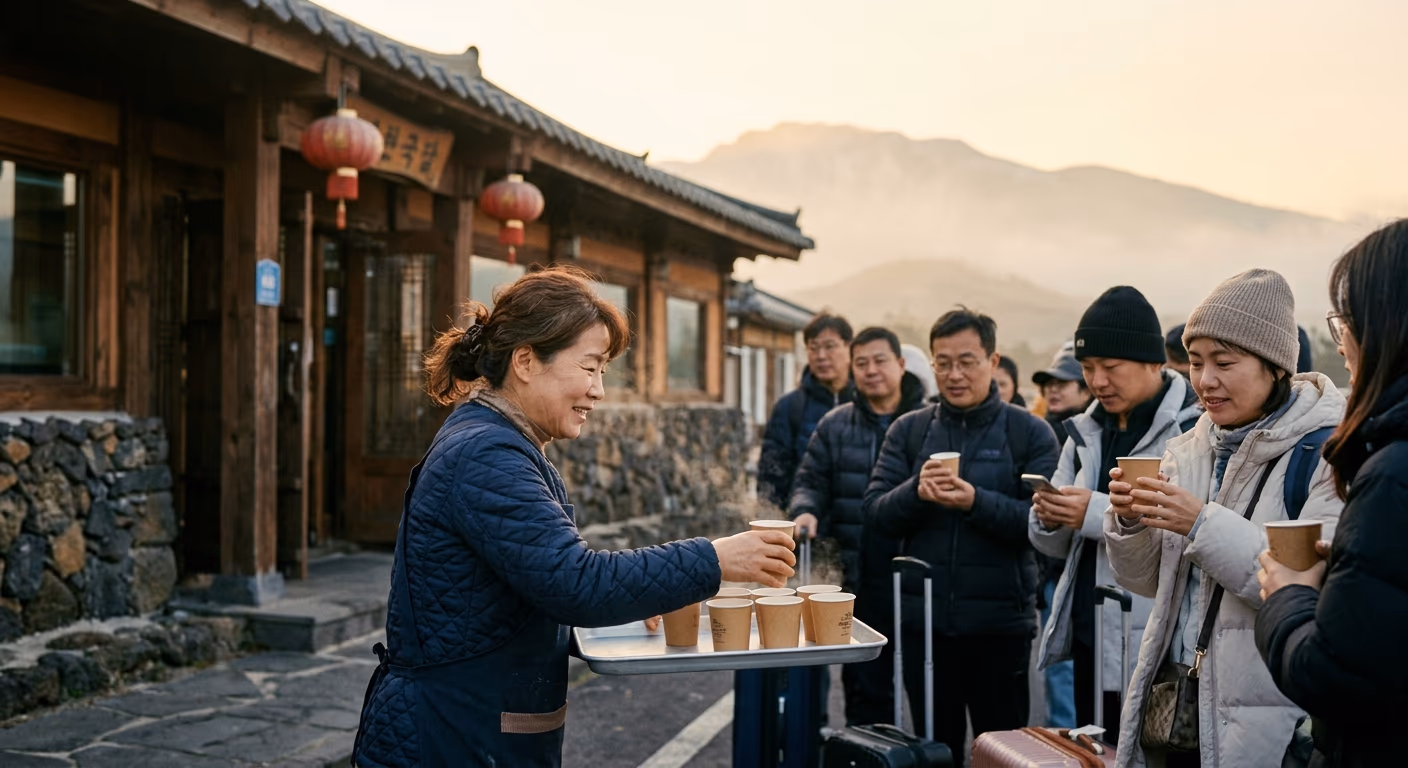 한라산이 뒤에 보이는 점포 · 대륙 이용자에게 ‘제주에 왔으니 가야 한다’는 명분을 만든다.