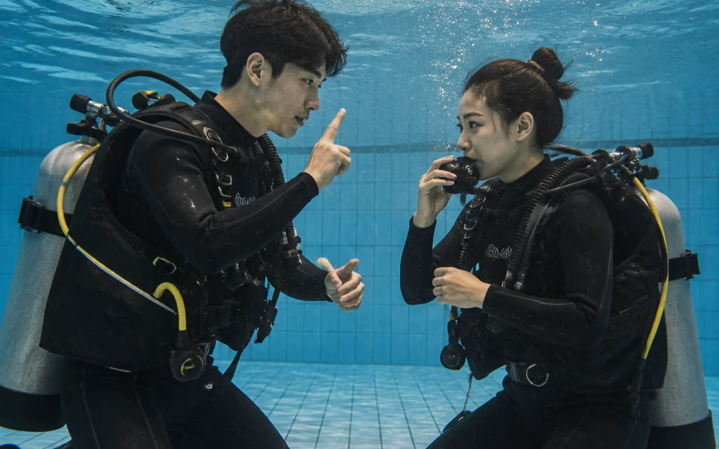 초보 다이버 교육이 진행되는 매장 풀장 한 컷