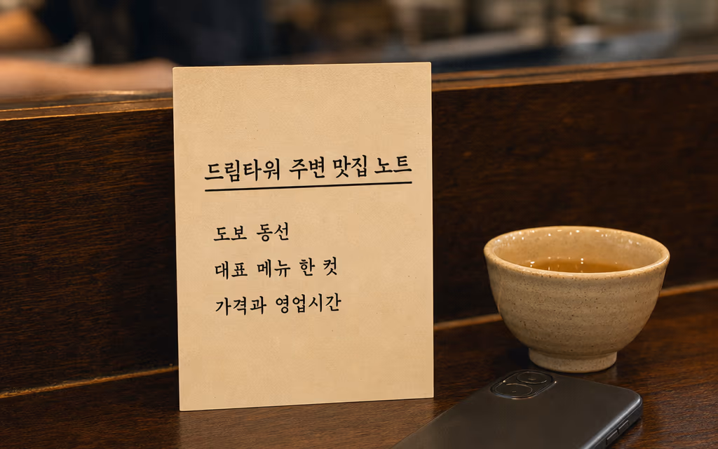 드림타워 주변 맛집 노트에 들어갈 세 가지를 적은 안내 카드
