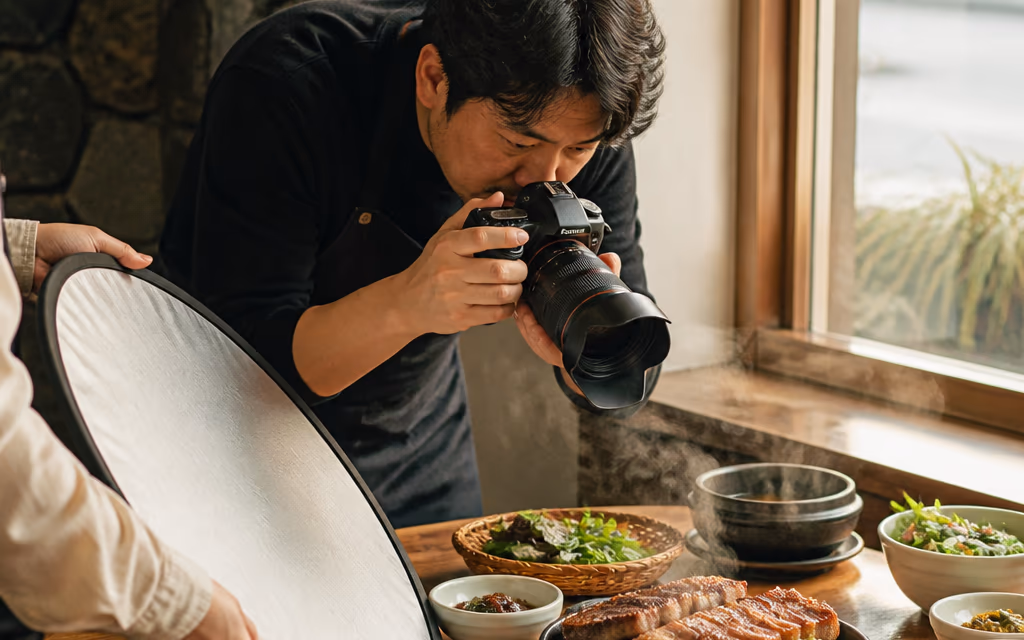 식당 테이블에서 대표 메뉴 한 접시를 촬영하는 광고 사진가