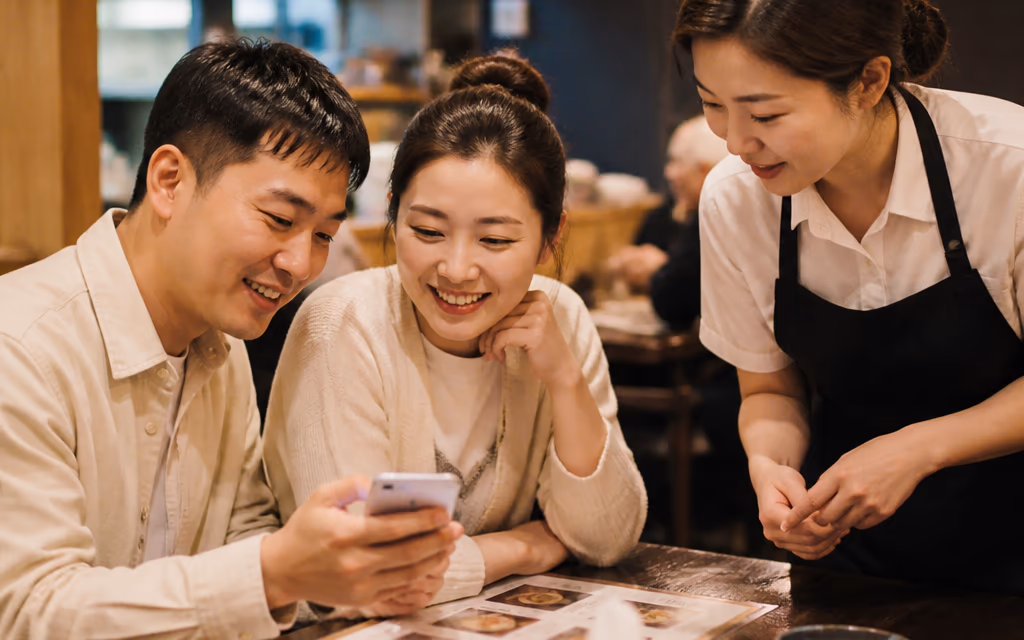 늦은 저녁 식당에서 스마트폰 화면을 직원에게 보여 주며 주문하는 중국인 손님