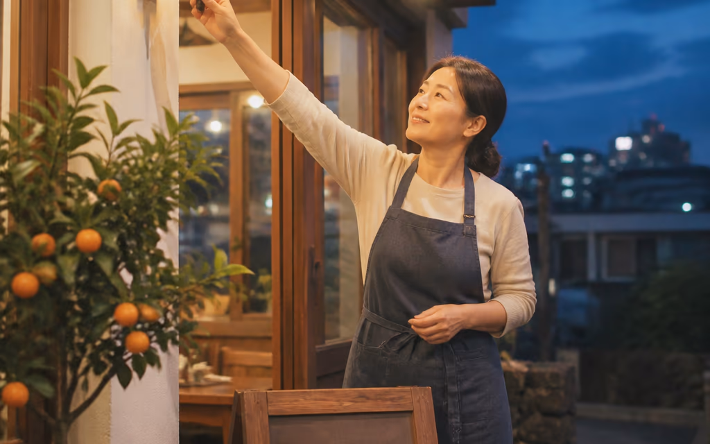 저녁 영업을 시작하며 식당 입구 조명을 켜는 제주 식당 사장님