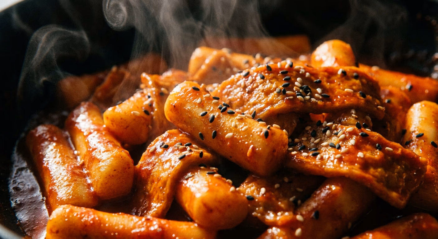 떡볶이 시즐 클로즈업, 빛나는 소스와 참깨