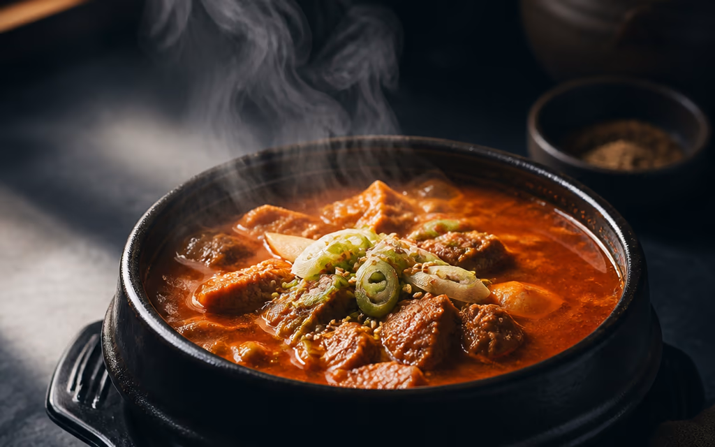 어두운 배경 위 김이 모락모락 오르는 한식 시즐 컷