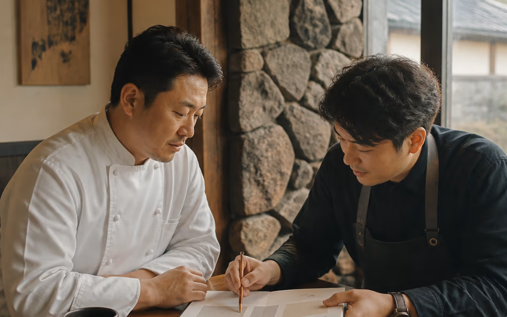 사장님과 사진가가 메뉴판을 펼치고 촬영 계획을 의논