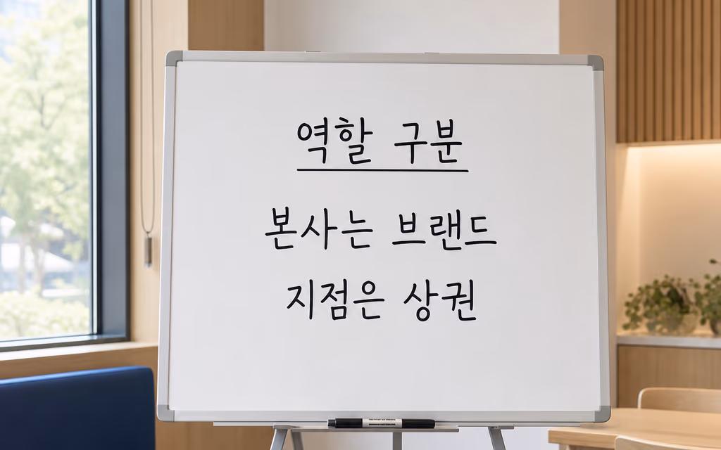 본사와 지점의 역할을 나눠 적은 회의실 보드