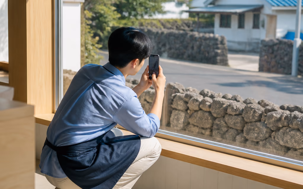 매장 창가 자리에서 동네 풍경을 담는 직원
