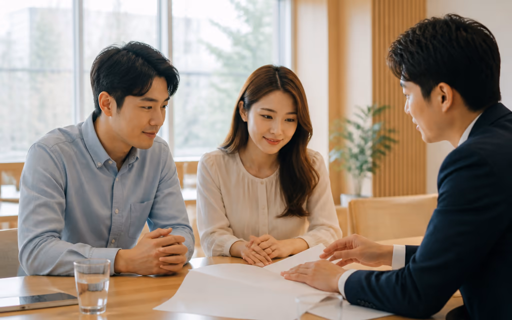 계약 서류를 검토하며 상담하는 테이블 풍경