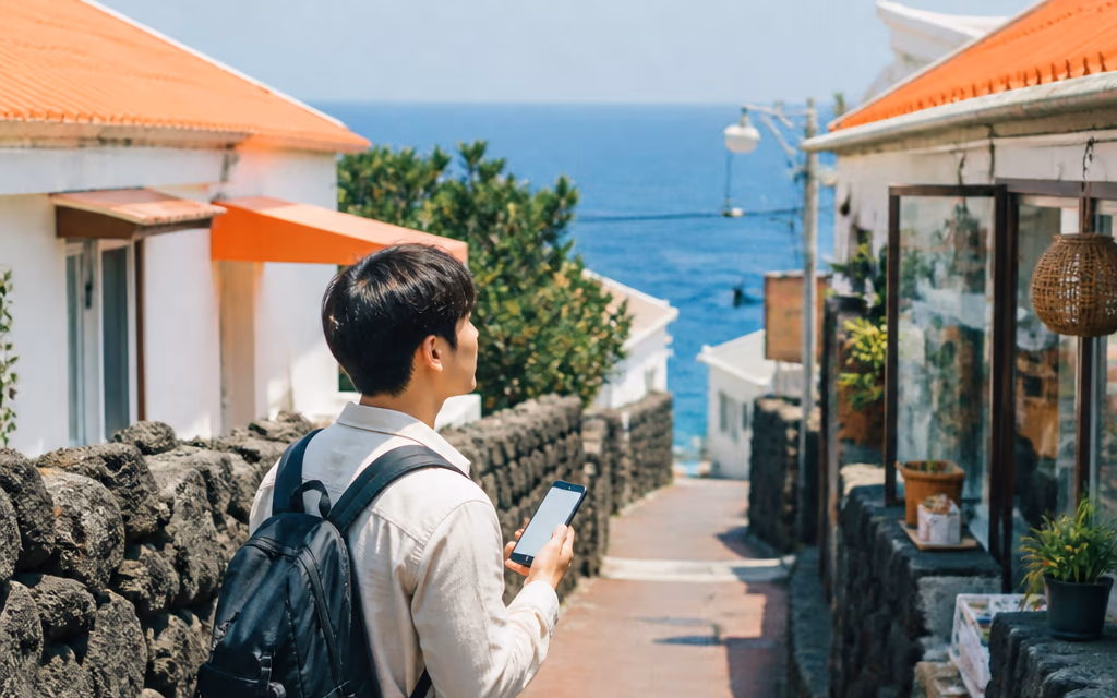 제주 골목에서 휴대전화 지도를 보며 매장을 찾는 여행객