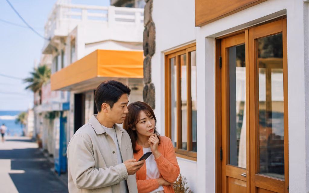 한글 간판 앞에서 휴대전화를 들고 망설이는 여행객 커플