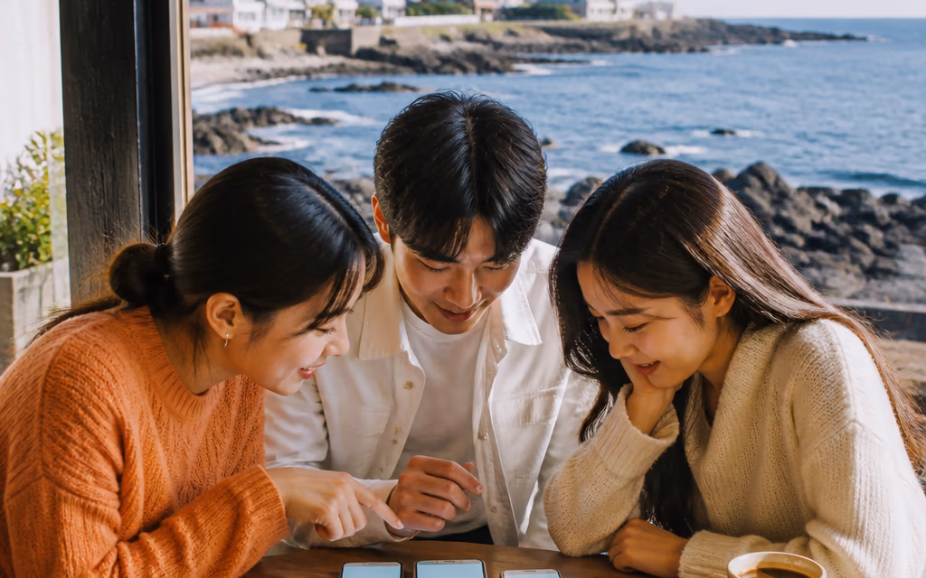 여행 계획을 세우며 휴대전화 세 화면을 나란히 보는 친구들