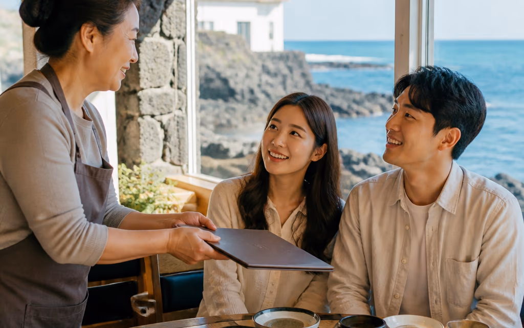중문 메뉴판을 손님에게 건네는 제주 식당 사장님