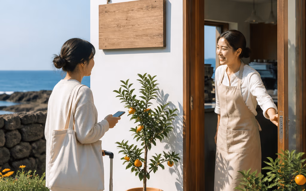 지도를 보고 찾아온 손님을 맞이하는 제주 카페 입구