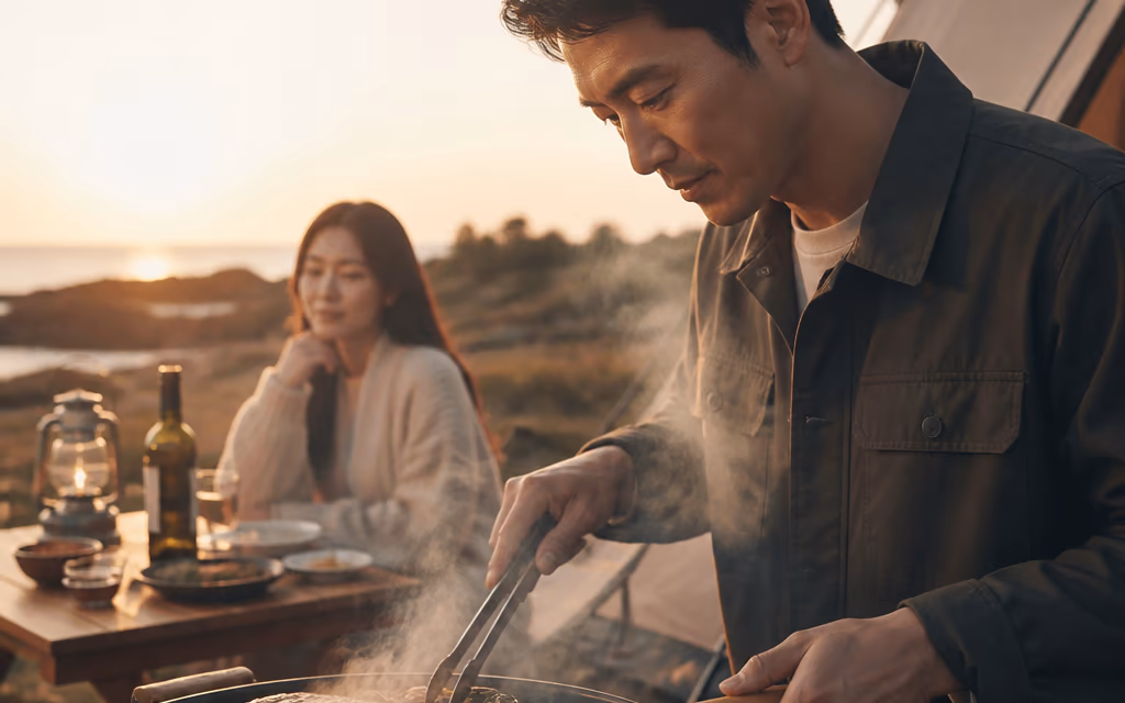 야외 BBQ 그릴에서 정성스럽게 굽는 글램핑 저녁의 결정적 순간