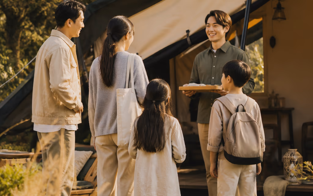 한국인 가족 일행이 글램핑 사이트에 도착해 텐트 앞에서 인사